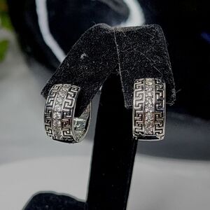 Silver Hinge Huggie Earrings Greek Key with CZ Stones New
